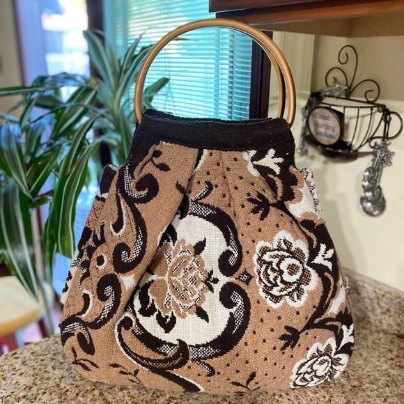 Vintage Knit Wool Purse with Wood Style Handles - Picture 4 of 6